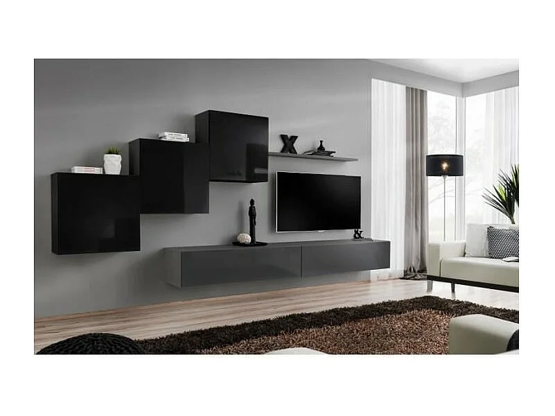 Wandmeubelset voor de woonkamer SWITCH X design, in glanzend grijs en zwart.