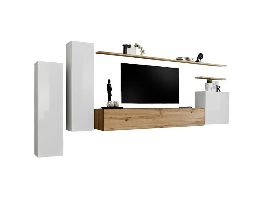 Ensemble de meubles de salon collection SWITCH I design, coloris blanc brillant et chêne Wotan.