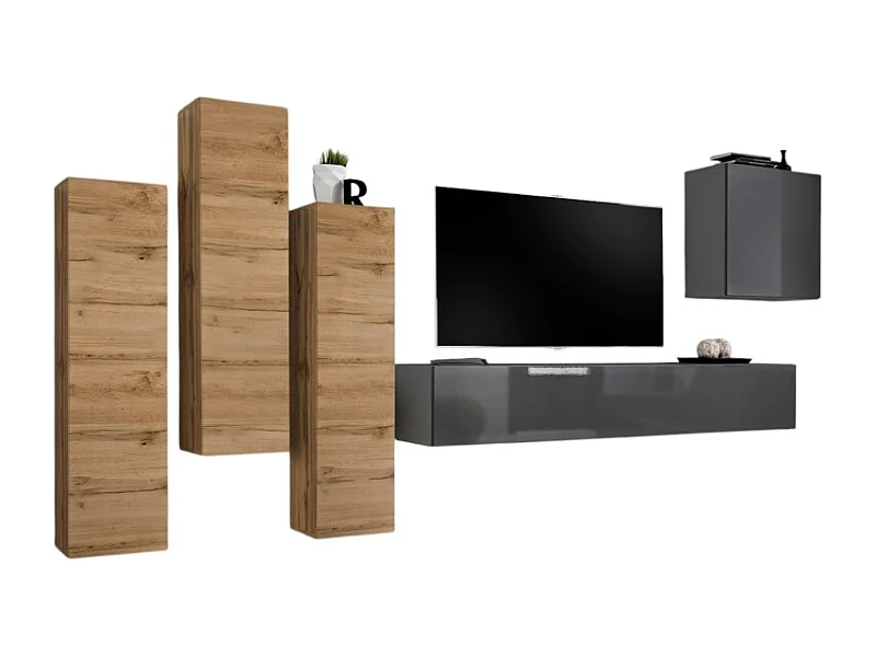 Conjunto de muebles de sala de diseño colección SWITCH III. Colores roble wotan y gris brillante.