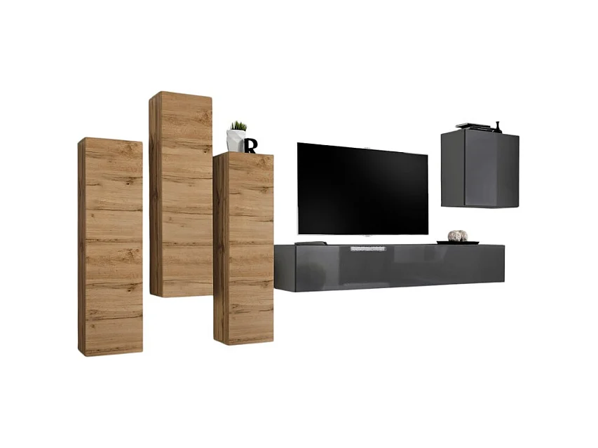 Conjunto de muebles de sala de diseño colección SWITCH III. Colores roble wotan y gris brillante.