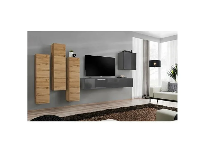 Conjunto de muebles de sala de diseño colección SWITCH III. Colores roble wotan y gris brillante.