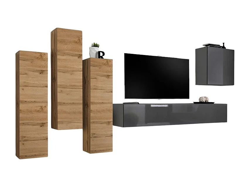 Ensemble de meubles de salon design collection SWITCH III. Coloris chêne wotan et gris brillant.