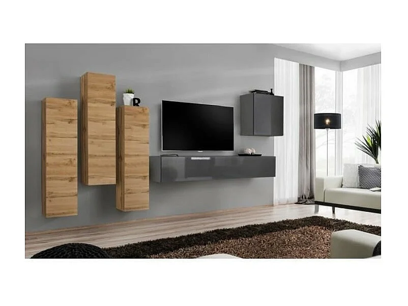 Ensemble de meubles de salon design collection SWITCH III. Coloris chêne wotan et gris brillant.
