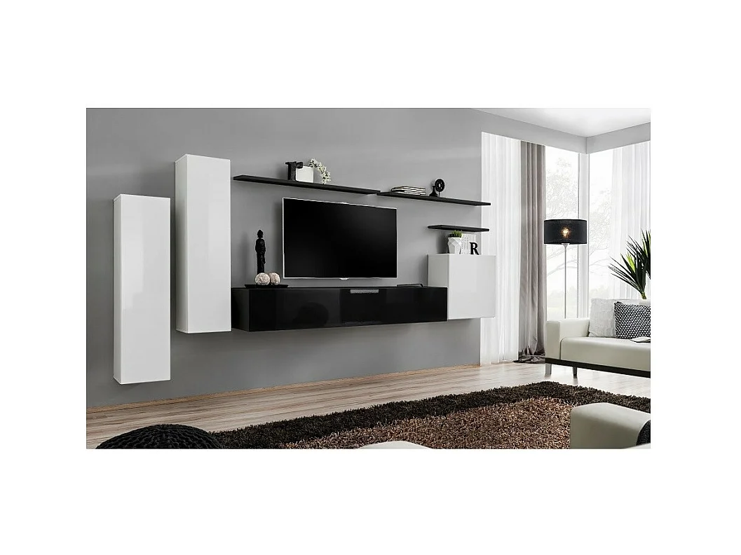 Conjunto de móveis para sala de estar coleção SWITCH I design, cores branco e preto brilhante.