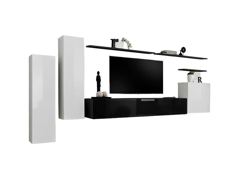 Ensemble meubles salon SWITCH I – Blanc et noir brillant – Meuble TV et rangements suspendus modernes
