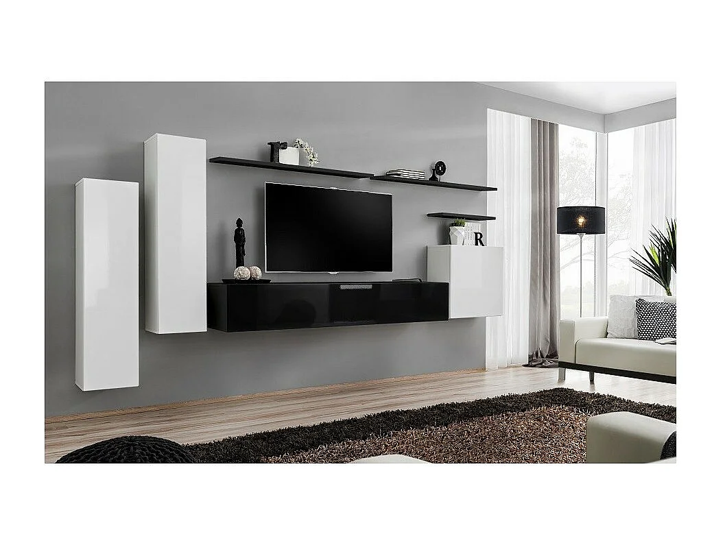 Woonkamerset SWITCH I - Glanzend wit en zwart - Modern zwevend TV-meubel en opbergruimtes
