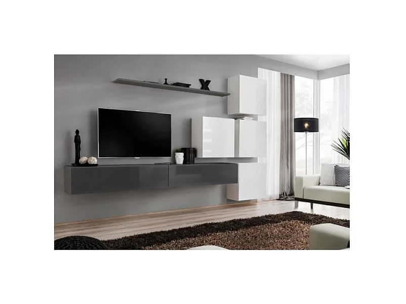 Wandmeubelset voor de woonkamer SWITCH IX design, in glanzend grijs en wit.