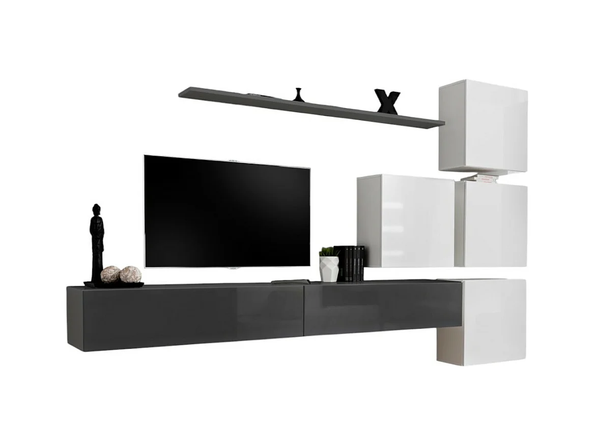 Ensemble meuble salon mural SWITCH IX design, coloris gris et blanc brillant.