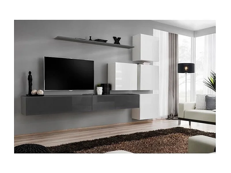 Ensemble meuble salon mural SWITCH IX design, coloris gris et blanc brillant.