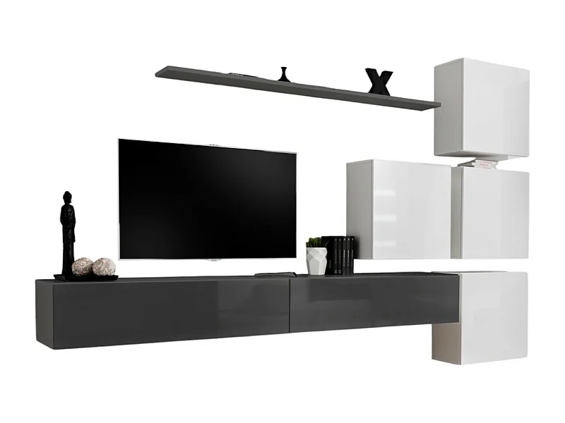 Ensemble meuble salon mural SWITCH IX design, coloris gris et blanc brillant.
