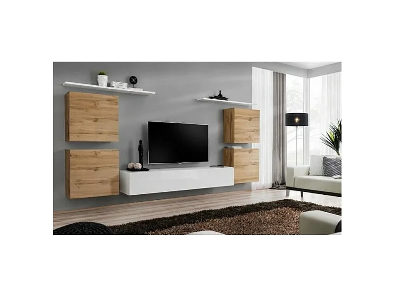 Conjunto de móveis para sala SWITCH IV design, cor branca e carvalho Wotan.