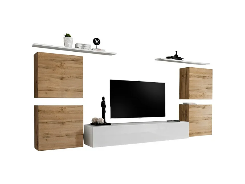 Ensemble meuble salon SWITCH IV design, coloris blanc et chêne Wotan.