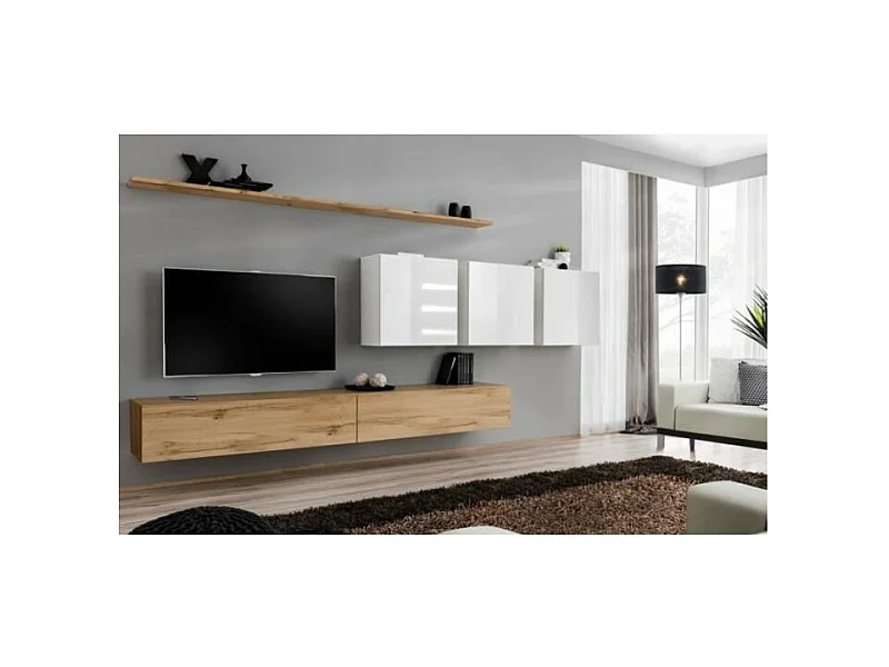Woonkamermeubelset SWITCH VII design, in Wotan eiken en glanzend wit.