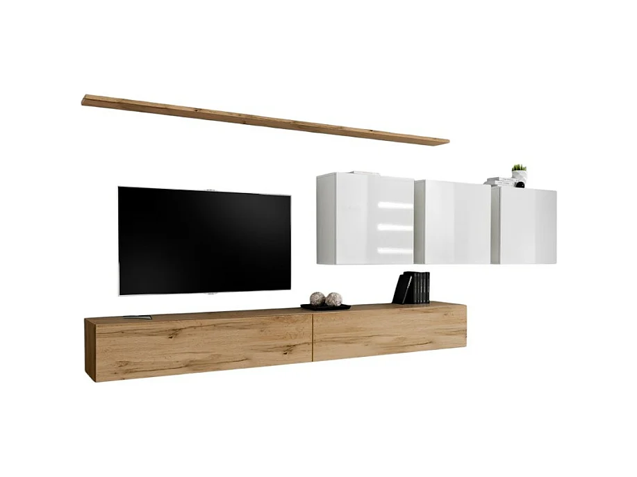 Ensemble meuble salon SWITCH VII design, coloris chêne Wotan et blanc brillant.