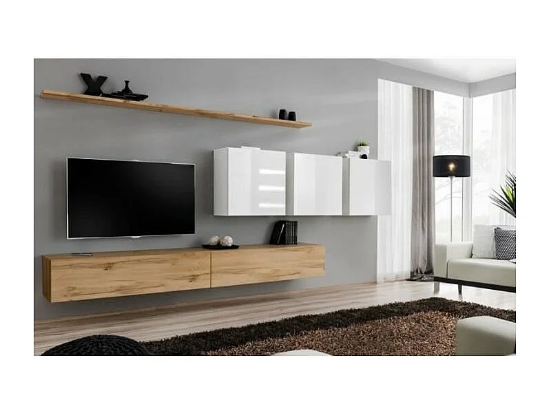 Woonkamermeubelset SWITCH VII design, in Wotan eiken en glanzend wit.