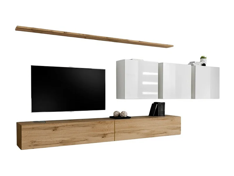 Woonkamermeubelset SWITCH VII design, in Wotan eiken en glanzend wit.