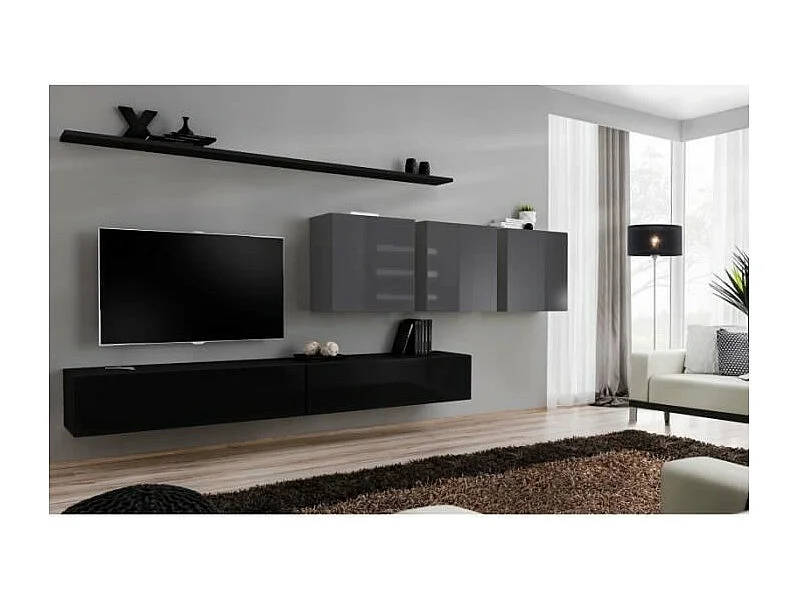 Ensemble meuble salon SWITCH VII design, coloris noir et gris brillant.