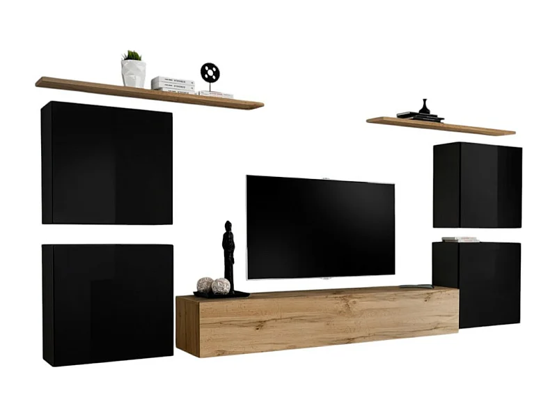 Conjunto de móveis para sala SWITCH IV design, cor carvalho Wotan e preto brilhante.