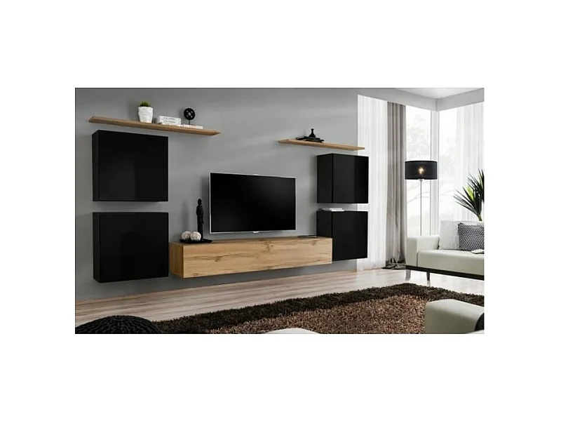 Conjunto de muebles para sala SWITCH IV diseño, color roble Wotan y negro brillante.
