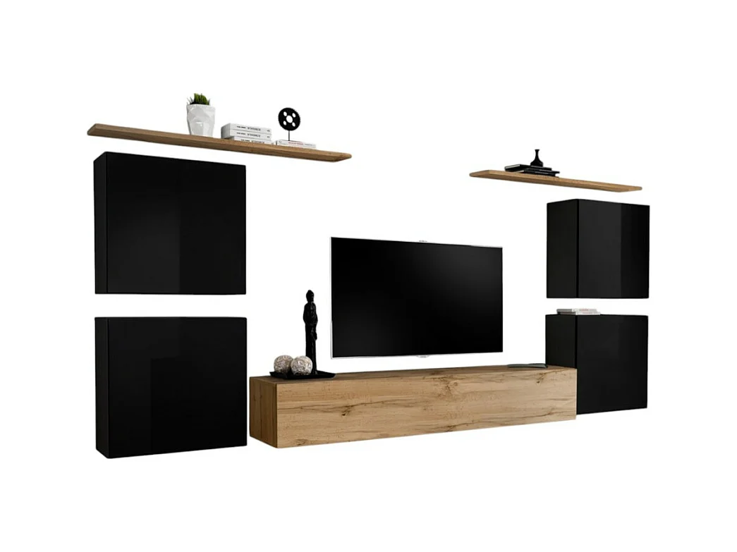 Ensemble meuble salon SWITCH IV design, coloris chêne Wotan et noir brillant .