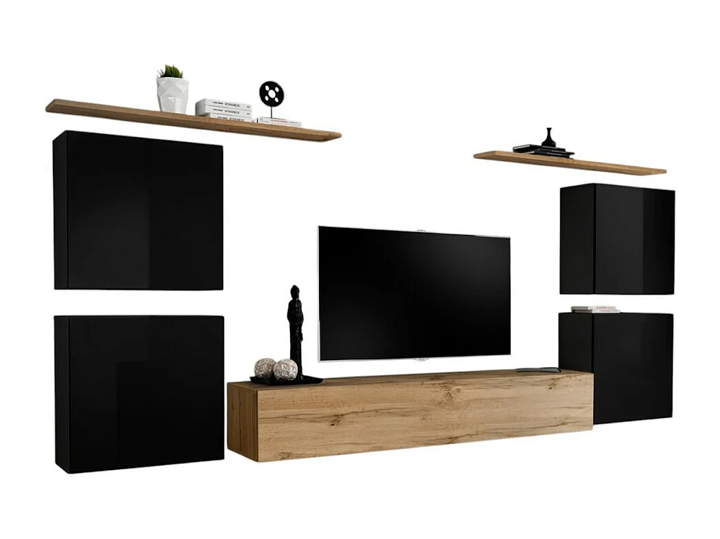 Ensemble meuble salon SWITCH IV design, coloris chêne Wotan et noir brillant .