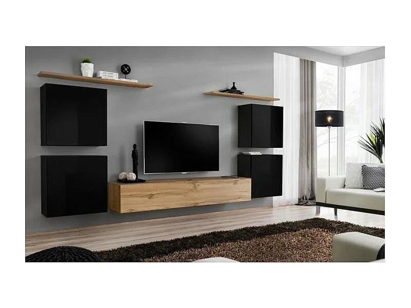 Ensemble meuble salon SWITCH IV design, coloris chêne Wotan et noir brillant .