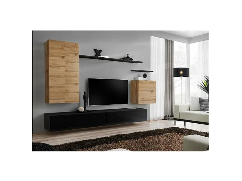 Wohnzimmermöbel-Set der Kollektion SWITCH II, Design in Eichen- und Hochglanz-Schwarz.