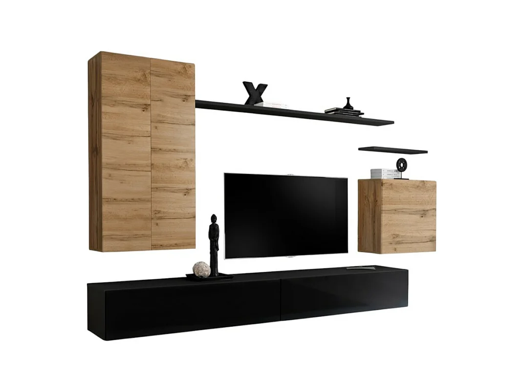 Ensemble de meubles de salon collection SWITCH II design, coloris chêne et noir brillant.