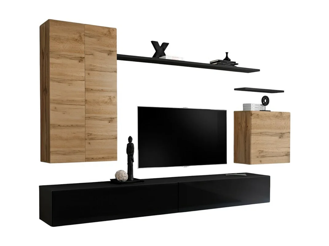 Set di mobili da soggiorno collezione SWITCH II, design, colore rovere e nero lucido.