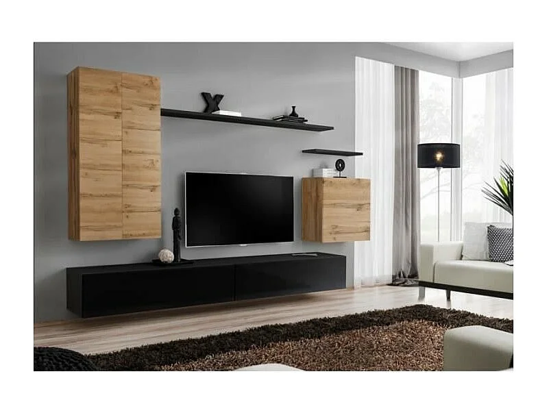 Set di mobili da soggiorno collezione SWITCH II, design, colore rovere e nero lucido.