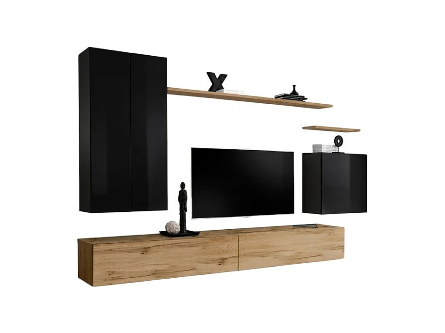 Set di mobili da soggiorno collezione SWITCH II design, colore nero lucido e quercia Wotan.