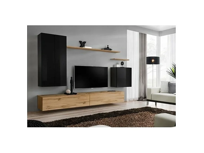 Set di mobili da soggiorno collezione SWITCH II design, colore nero lucido e quercia Wotan.