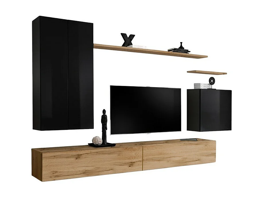 Woonkamermeubelset uit de SWITCH II collectie, in glanzend zwart en Wotan eiken kleur.