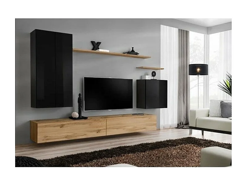 Woonkamermeubelset uit de SWITCH II collectie, in glanzend zwart en Wotan eiken kleur.