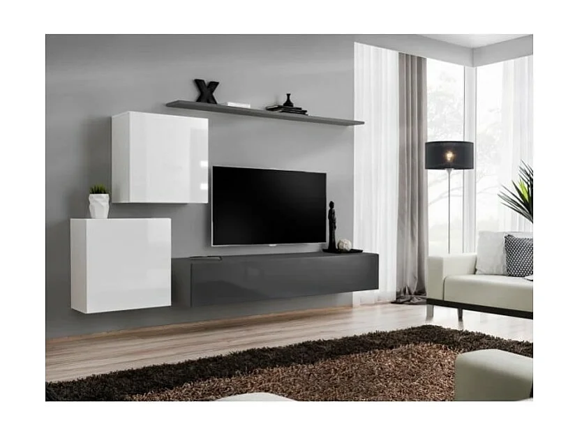 Ensemble meuble salon SWITCH V design, coloris gris et blanc brillant.