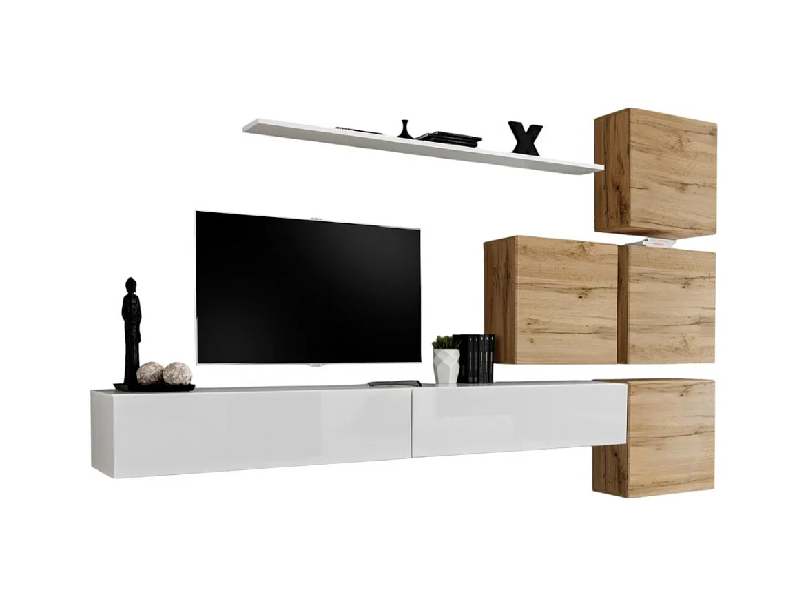 Wandmeubelset voor de woonkamer SWITCH IX design, in hoogglans wit en Wotan eiken kleur.