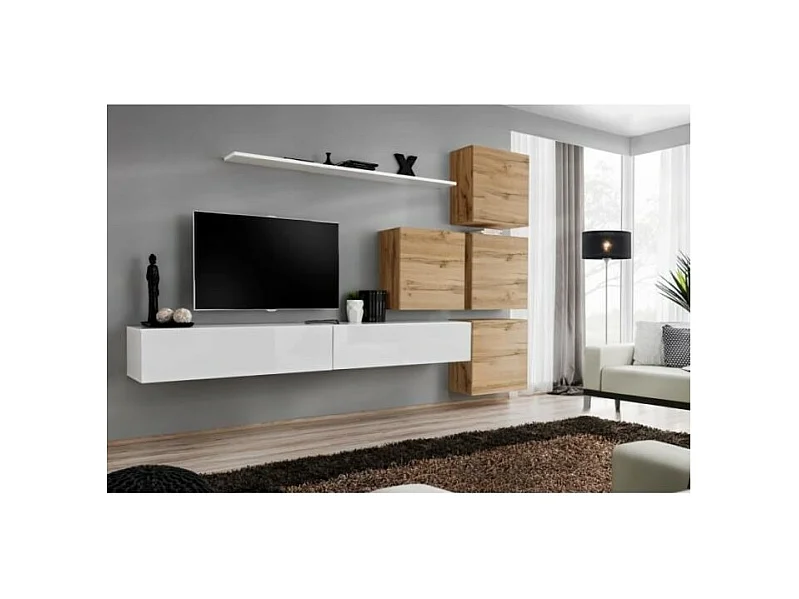 Wandmeubelset voor de woonkamer SWITCH IX design, in hoogglans wit en Wotan eiken kleur.
