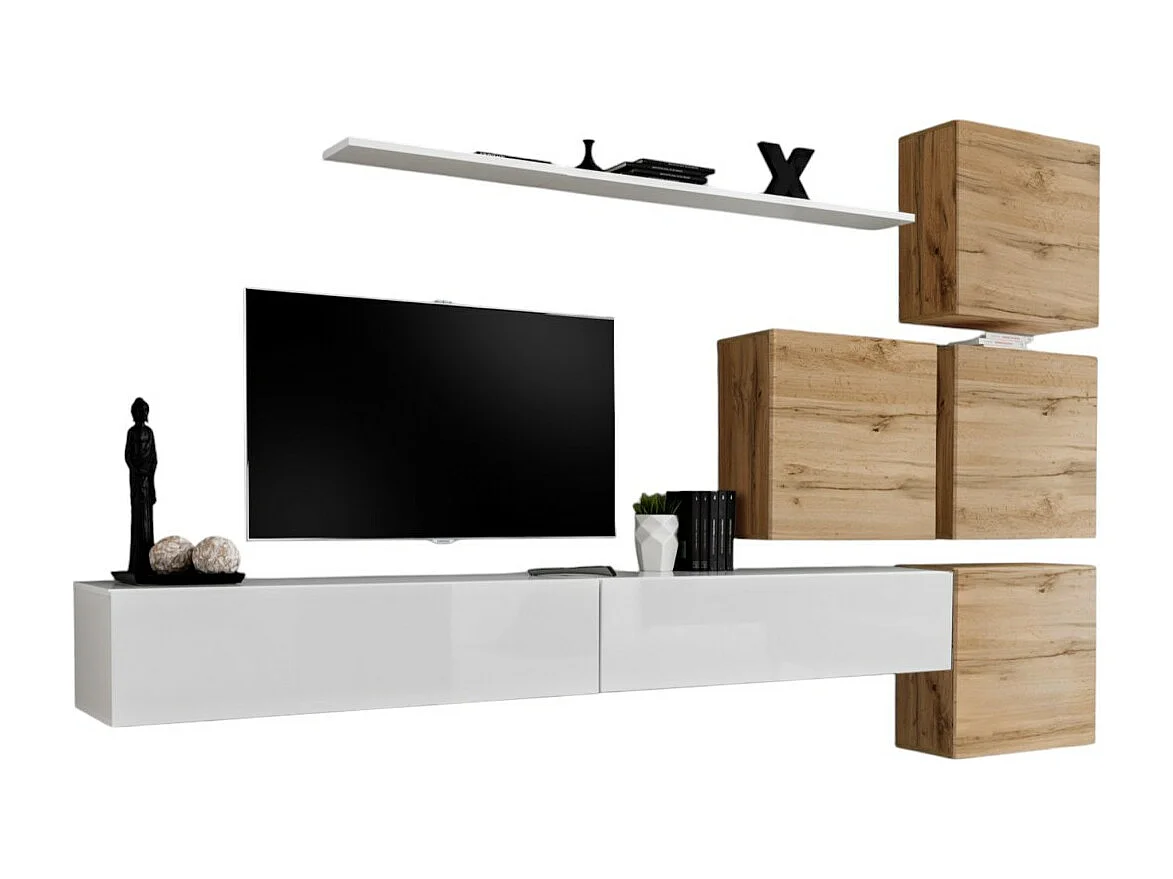 Wandmeubelset voor de woonkamer SWITCH IX design, in hoogglans wit en Wotan eiken kleur.