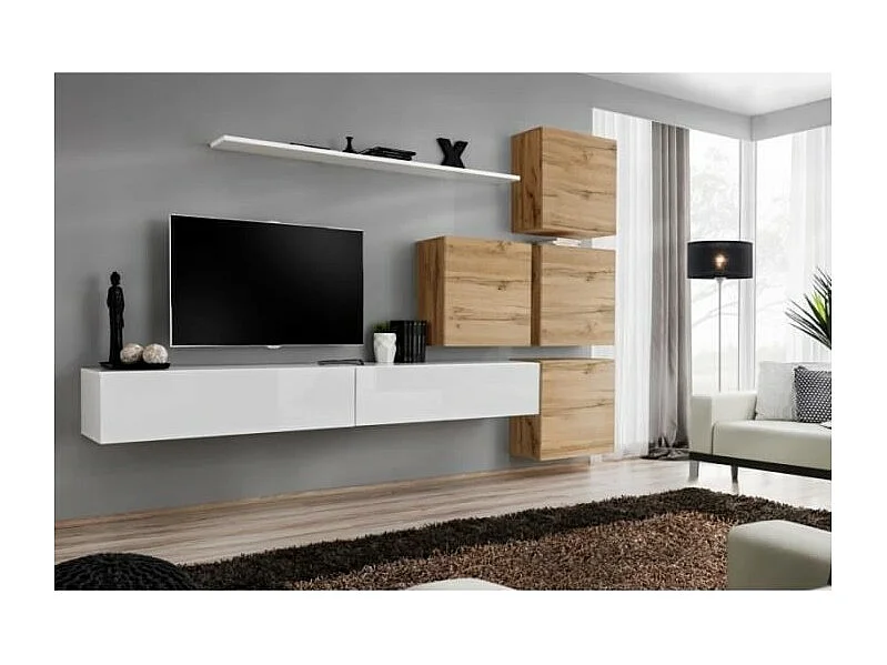 Wandmeubelset voor de woonkamer SWITCH IX design, in hoogglans wit en Wotan eiken kleur.