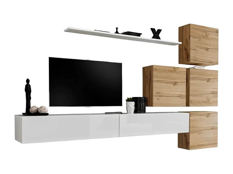 Wandmeubelset voor de woonkamer SWITCH IX design, in hoogglans wit en Wotan eiken kleur.