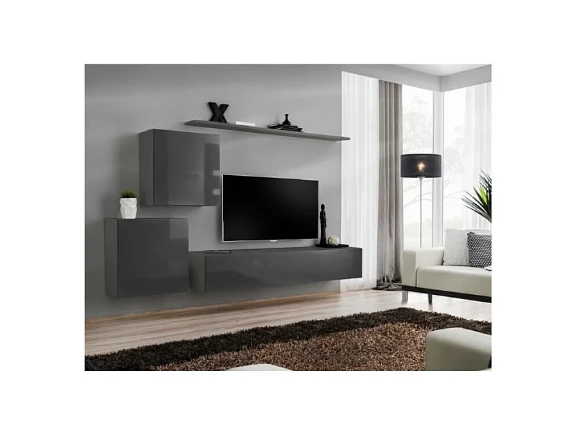 Wand-Wohnzimmermöbel-Set SWITCH V Design, in glänzendem Grau.