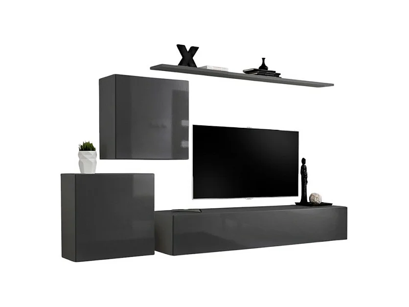 Ensemble meuble salon mural SWITCH V design, coloris gris brillant.