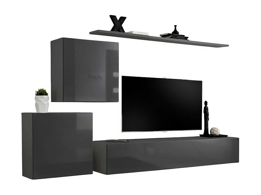 Ensemble meuble salon mural SWITCH V design, coloris gris brillant.