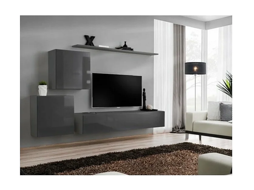 Ensemble meuble salon mural SWITCH V design, coloris gris brillant.