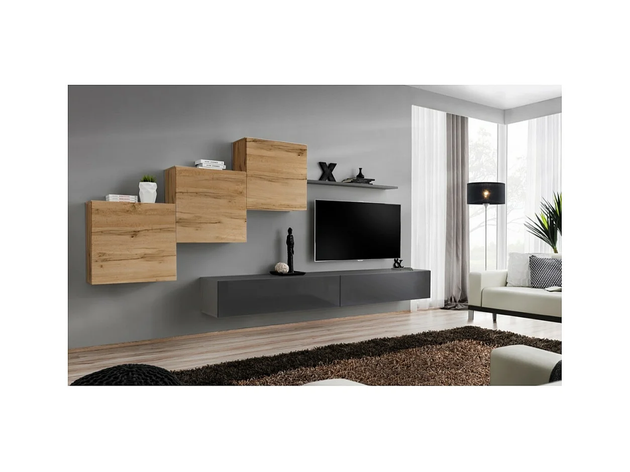 Wohnzimmer-Wandmöbelset SWITCH X im Design, in glänzendem Grau und Wotan-Eiche.