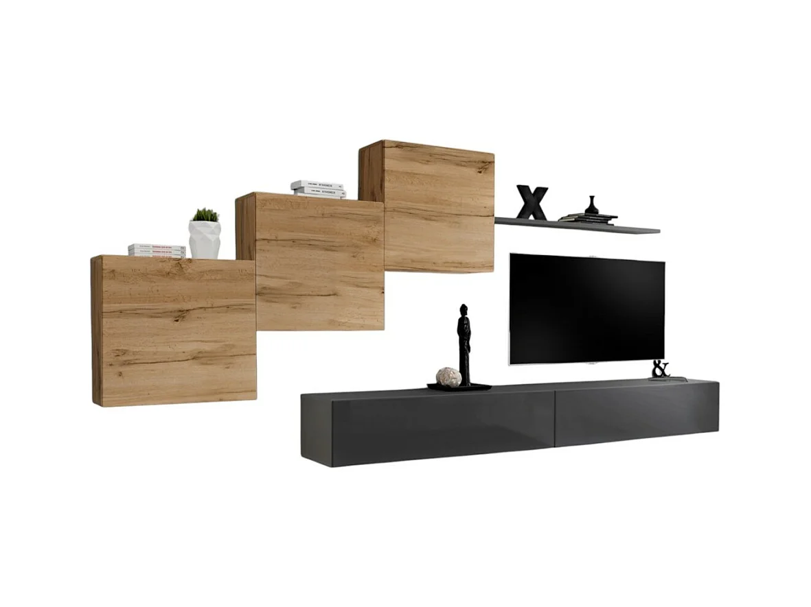 Ensemble meuble salon mural SWITCH X design, coloris gris brillant et chêne Wotan.