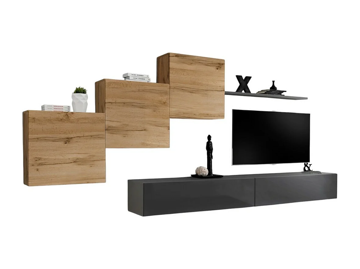 Wandmeubelset voor de woonkamer SWITCH X design, in glanzend grijs en Wotan eiken kleur.