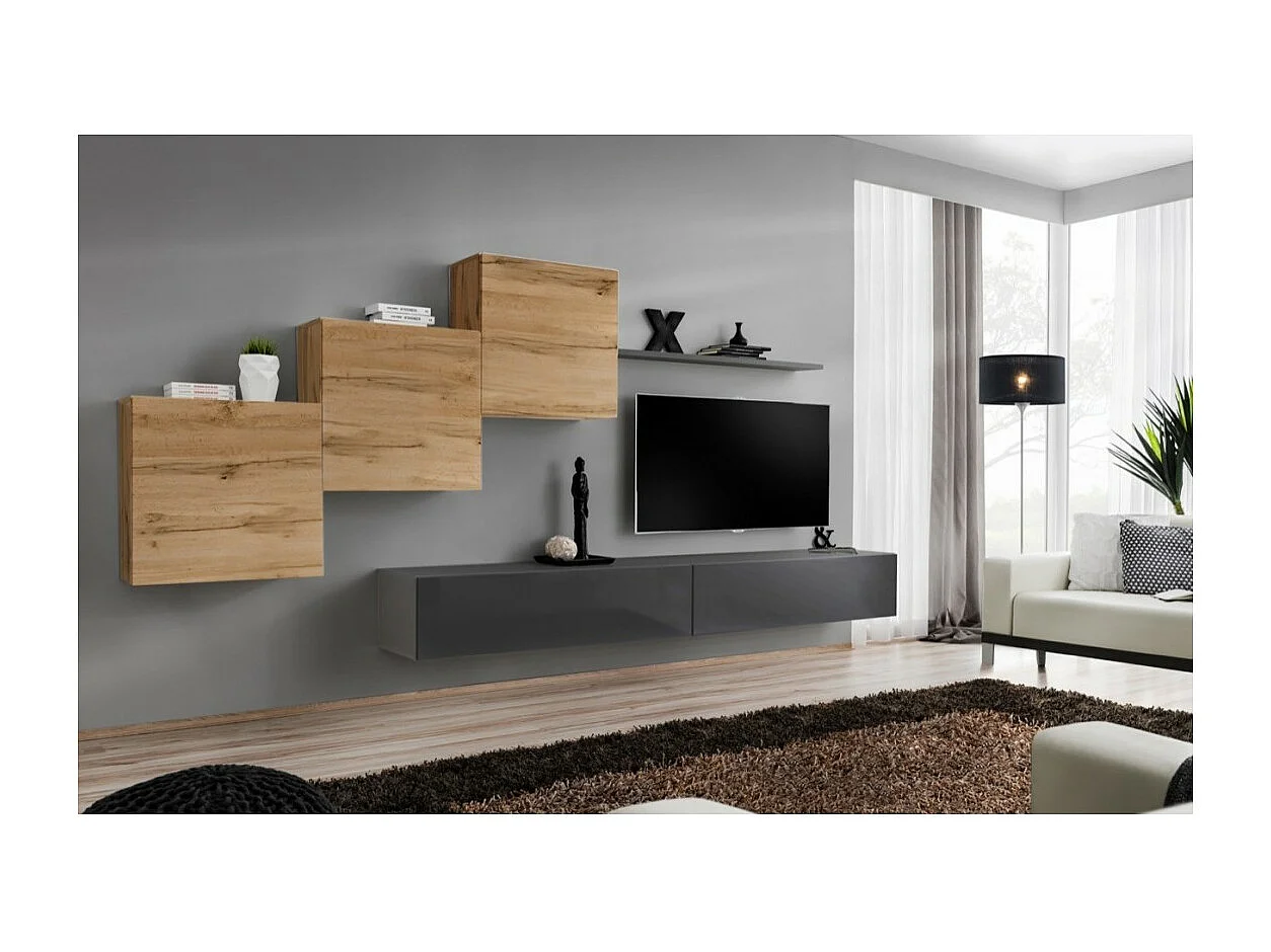 Wandmeubelset voor de woonkamer SWITCH X design, in glanzend grijs en Wotan eiken kleur.