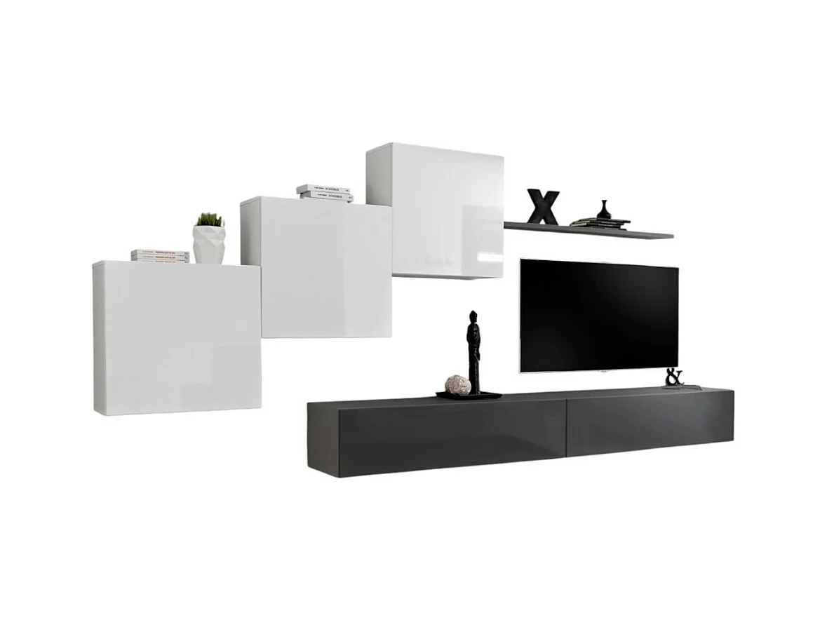 Wohnzimmerwand Möbelset SWITCH X Design, in glänzendem Grau und Weiß.