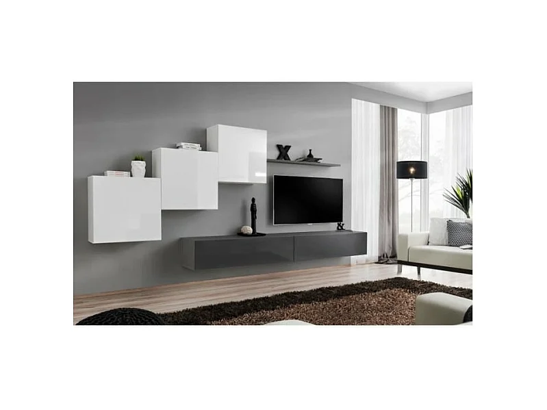 Wohnzimmerwand Möbelset SWITCH X Design, in glänzendem Grau und Weiß.